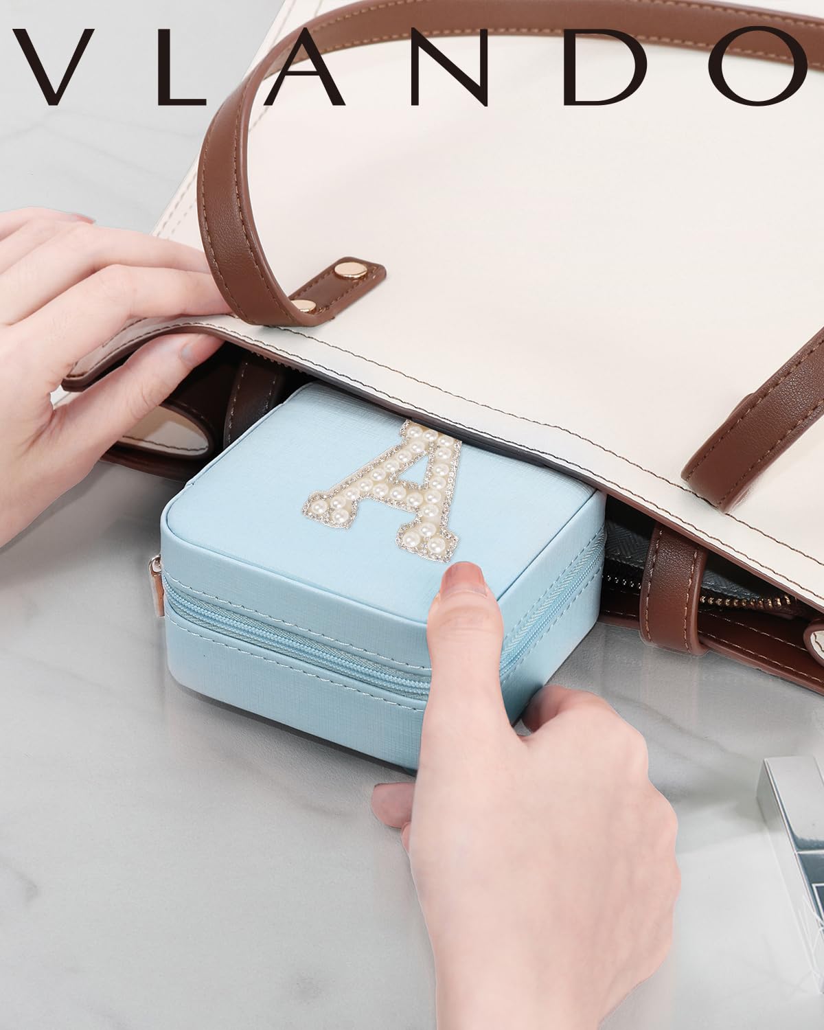 Vlando Jewelry Box for Girls Women, Initial Organizer Case, Travel Must Haves, Necklace Earrings Ring Box, Gifts for Sister Daughters - Letter S, Blue