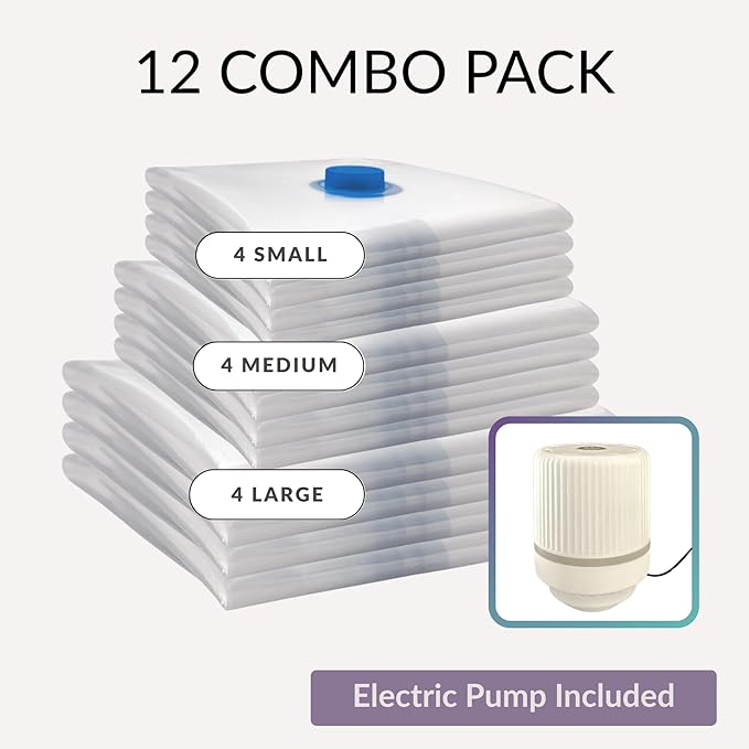 12 Pack Vacuum Storage Bags with Electric Pump, Compression Space Saver for Comforters, Bedding, Blanket Storage, Vacuum Seal Bags for Clothing, Luggage and Closet Organizer,