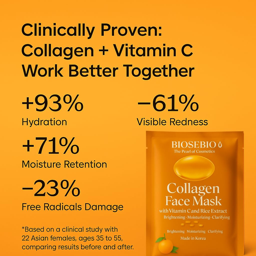 Korean Collagen Face Mask with Vitamin C & Rice Extract - BIOSEBIO Hyaluronic Acid Sheet Masks for Glowing Radiant Skin - Deep Hydrating, Moisturizing & Anti-Aging Facial Skincare for Women - 5 Pack