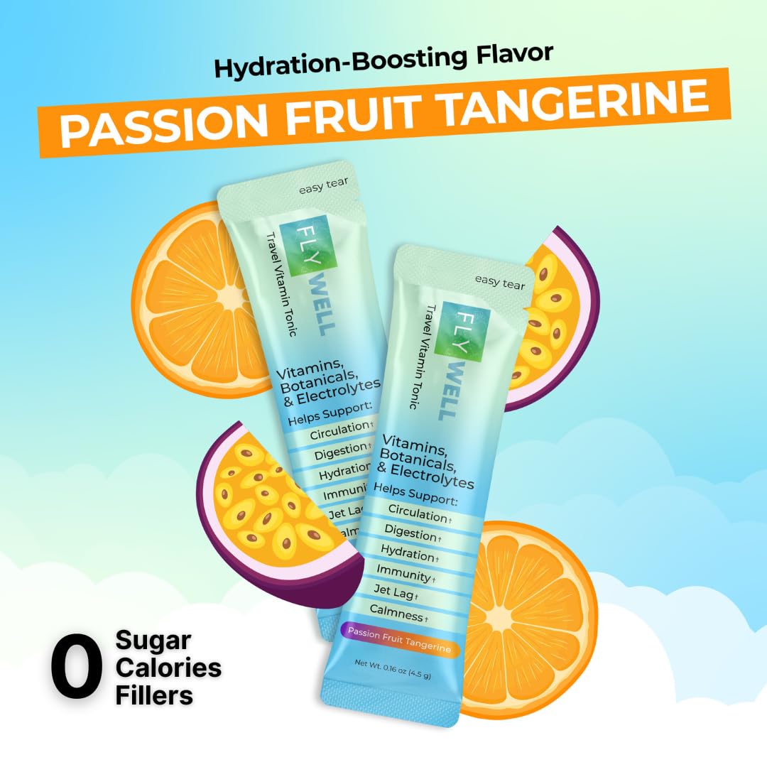 FlyWell Travel Vitamin Tonic for Flight, Jet Lag, Hydration, Circulation, Digestion & Immune Support, Promotes Calmness, Electrolyte Powder, Travel Essentials, Passion Fruit Tangerine, 15 Sticks