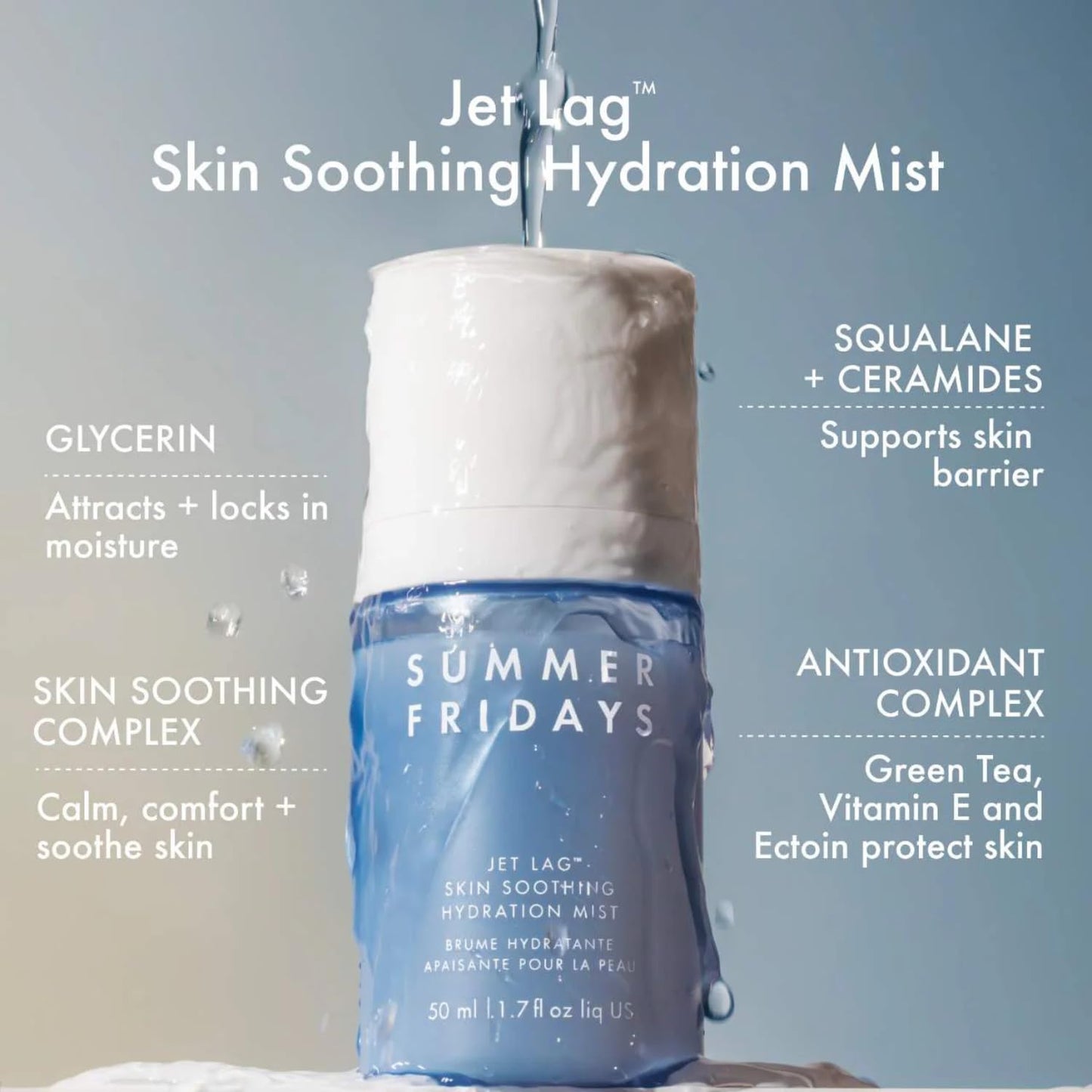Summer Fridays Jet Lag Skin Soothing Hydration Face Mist - Ultra-Fine Facial Spray & Hydrating Mist to Comfort, Soothe & Help Provide Protective Moisture Barrier Support for Glowing Skin (1.7 Fl Oz)