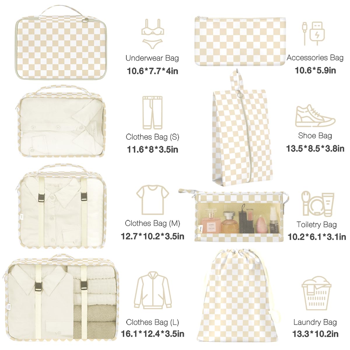 8 Set Packing Cubes for Suitcases,Packing Cube with Shoe, Cosmetics, Clothing, and Accessories Bags Packing Cubes for Travel Luggage Organizer Women Men(Khaki Checkered)