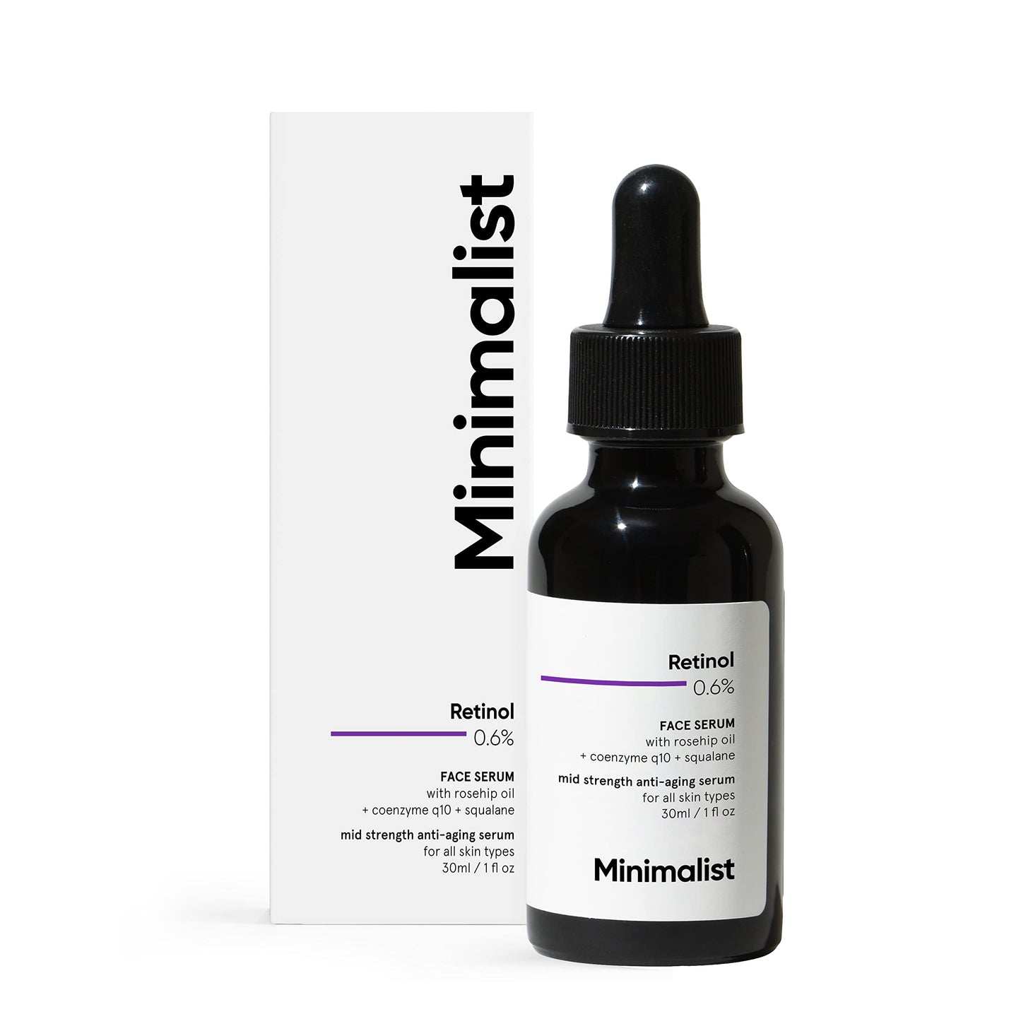 Minimalist 0.6% Retinol Serum For Anti Aging | Antioxidant Effects with Coenzyme Q10 | Reduces Fine Lines & Wrinkles | Mid Strength | 1 Fl Oz / 30 ml