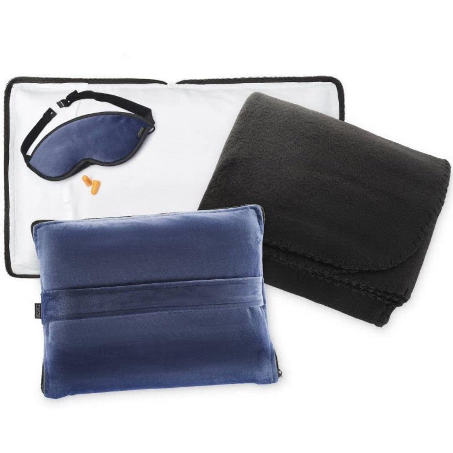 Lewis N. Clark Ultimate Comfort Set + Portable Travel Kit for Airplane, Includes Inflatable Pillow + Zippered Carrying Case, Cozy Fleece Blanket, Eye Mask for Sleeping & Foam Ear Plugs, Navy