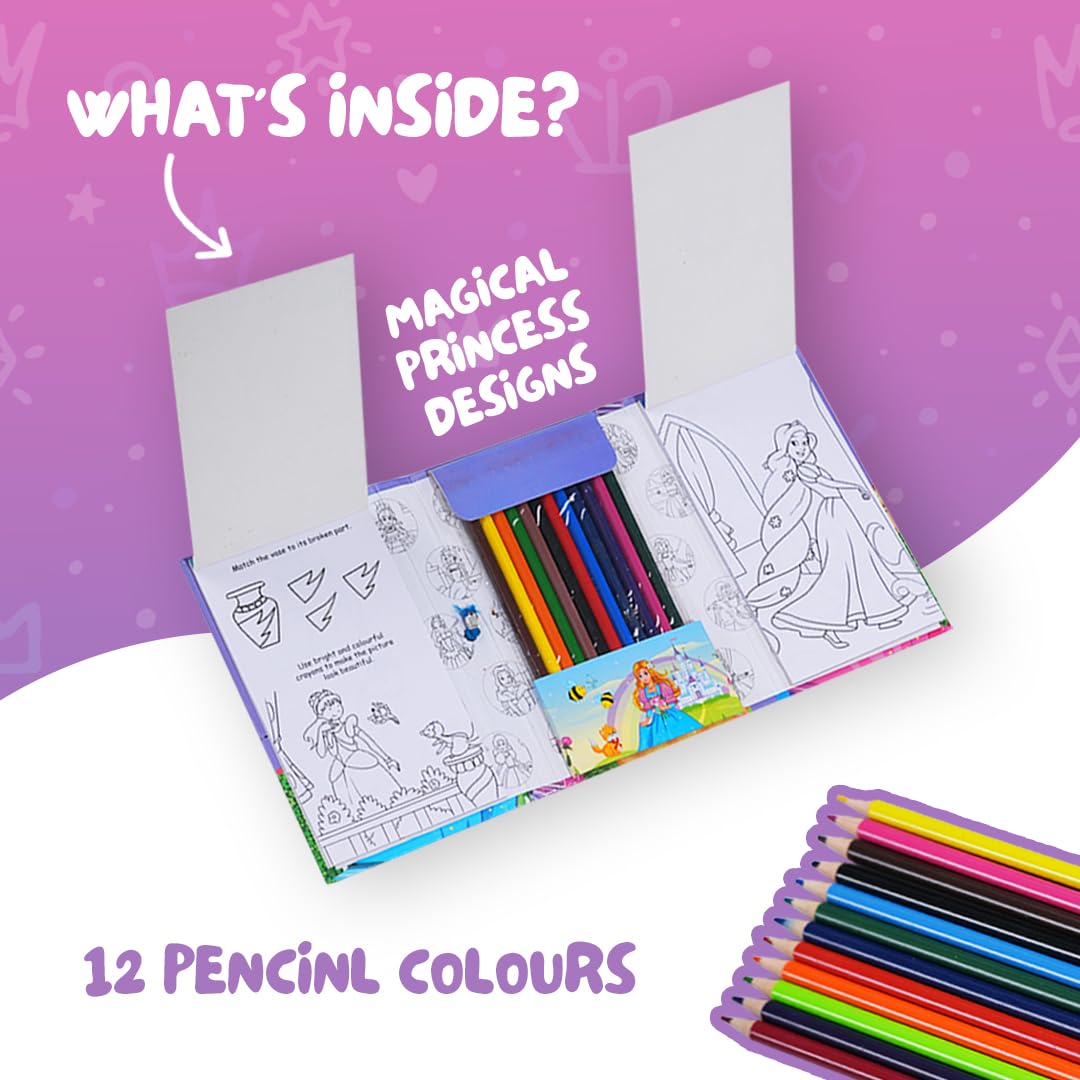 FIRSTJIGGLE First Jiggle Colouring and Sticker Princess Travel Art Kit | Includes Coloring Pad, Sticker Sheets & Color Pencils | Fun Travel Activity for Kids | Gift for Girls Ages 3-8