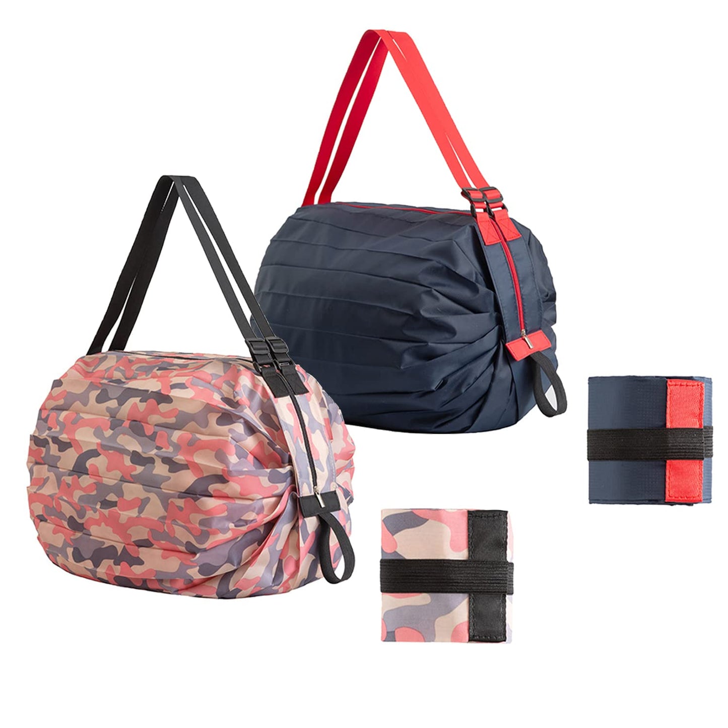 Lllunimon Foldable Reusable Grocery Tote Bags Organ Style Fold Iridescent Large Capacity Portable Shopping Bag - Navy & Pink