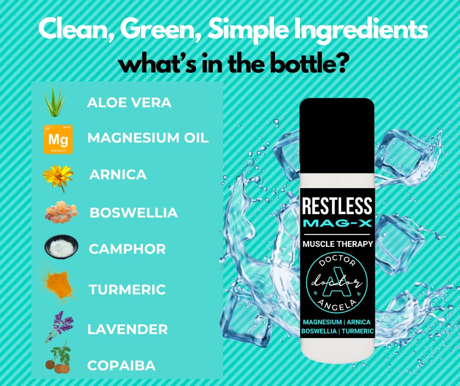 Dr. A's Restless Mag-X – Restless Leg Support Relief Roll-On Gel – Natural Magnesium Oil & Essential Oils for Nighttime Leg Discomfort – Cooling, Calming Formula with Lavender, Arnica & Turmeric – 3oz