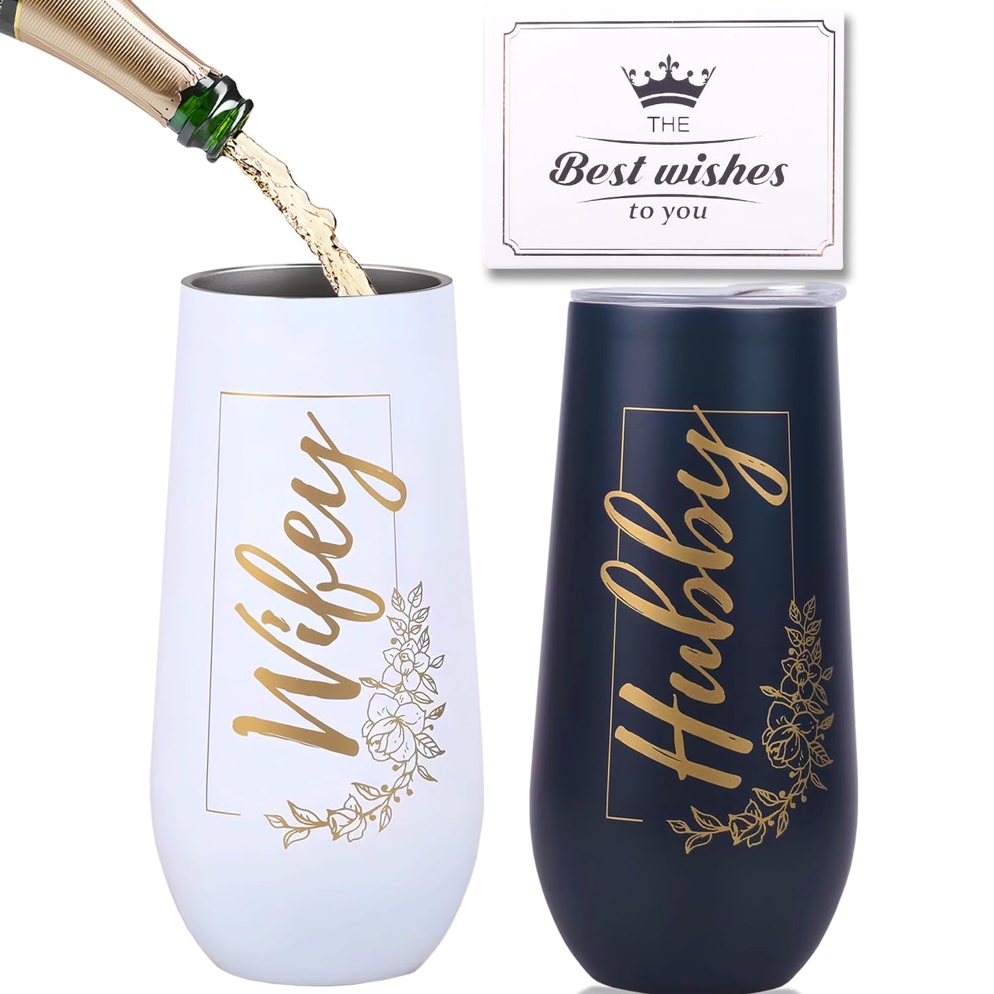 merrisport Wedding Gifts for Couples 2025,Hubby and Wifey Champagne Flutes with Best Wishes Card, Insulated Stainless Steel Tumblers with Lids, Bride and Groom Gift Box, Mr and Mrs Gift,12oz