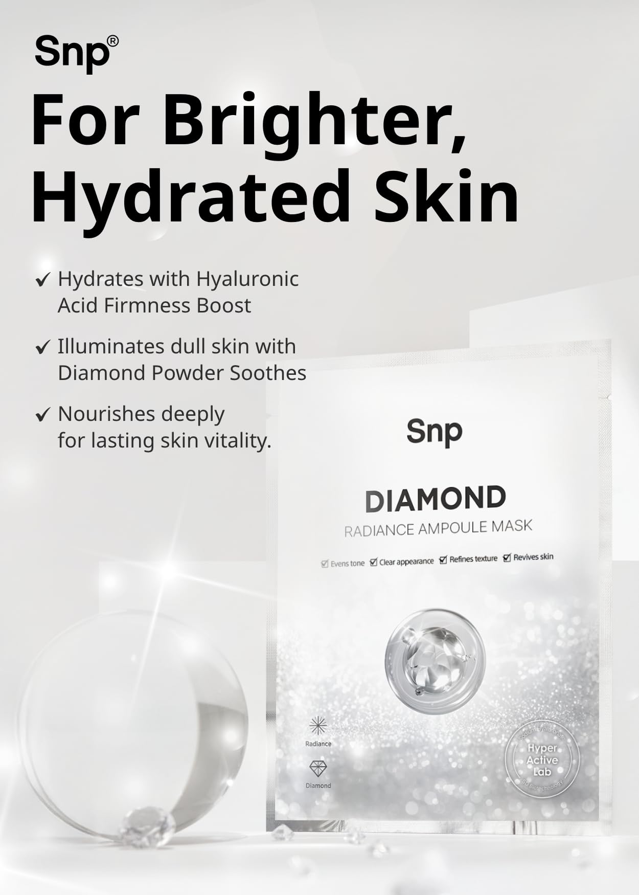 SNP 100% Diamond + 1000mg Hyaluronic Acid Sheet Mask | Tightening, Hydrating, and Nourishing with Real Diamonds for All Oily Skin Types | Korean Face Mask Skincare | Facial Moisturizing | 10 Sheets