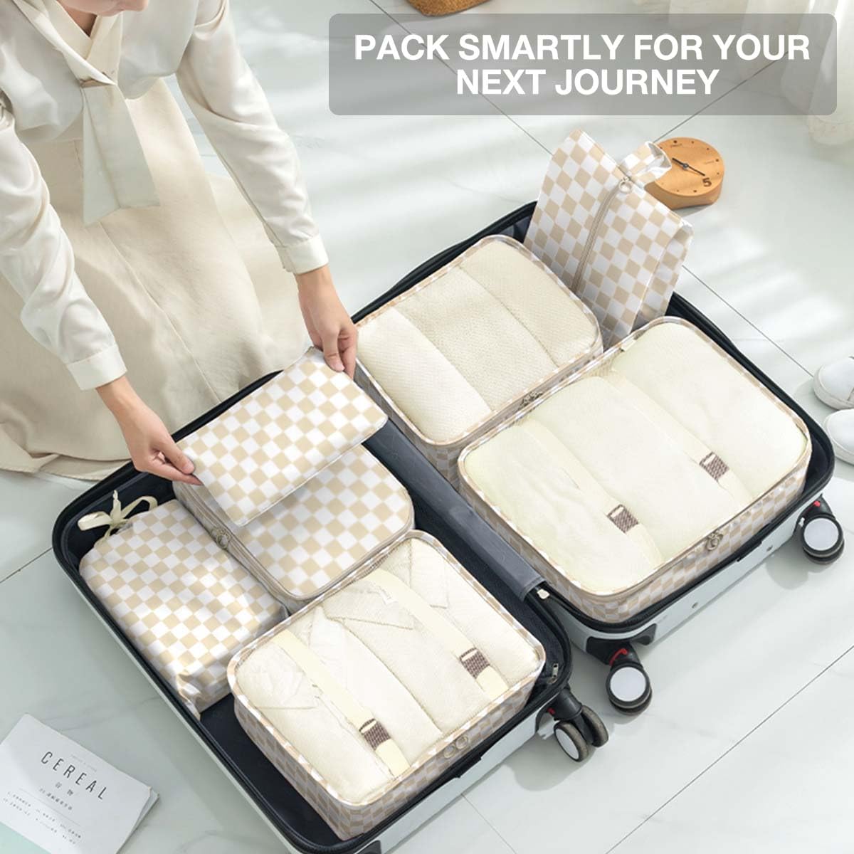 8 Set Packing Cubes for Suitcases,Packing Cube with Shoe, Cosmetics, Clothing, and Accessories Bags Packing Cubes for Travel Luggage Organizer Women Men(Khaki Checkered)