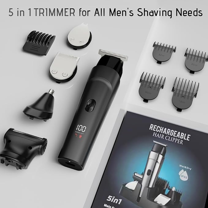 Beard Trimmer for Men 13 Pieces Grooming Kit, Cordless Hair Clippers, Men's Hair Trimmer for Nose Ear Face Mustache & Body Trimmer, Waterproof, with LED Display, Gifts for Men, Black