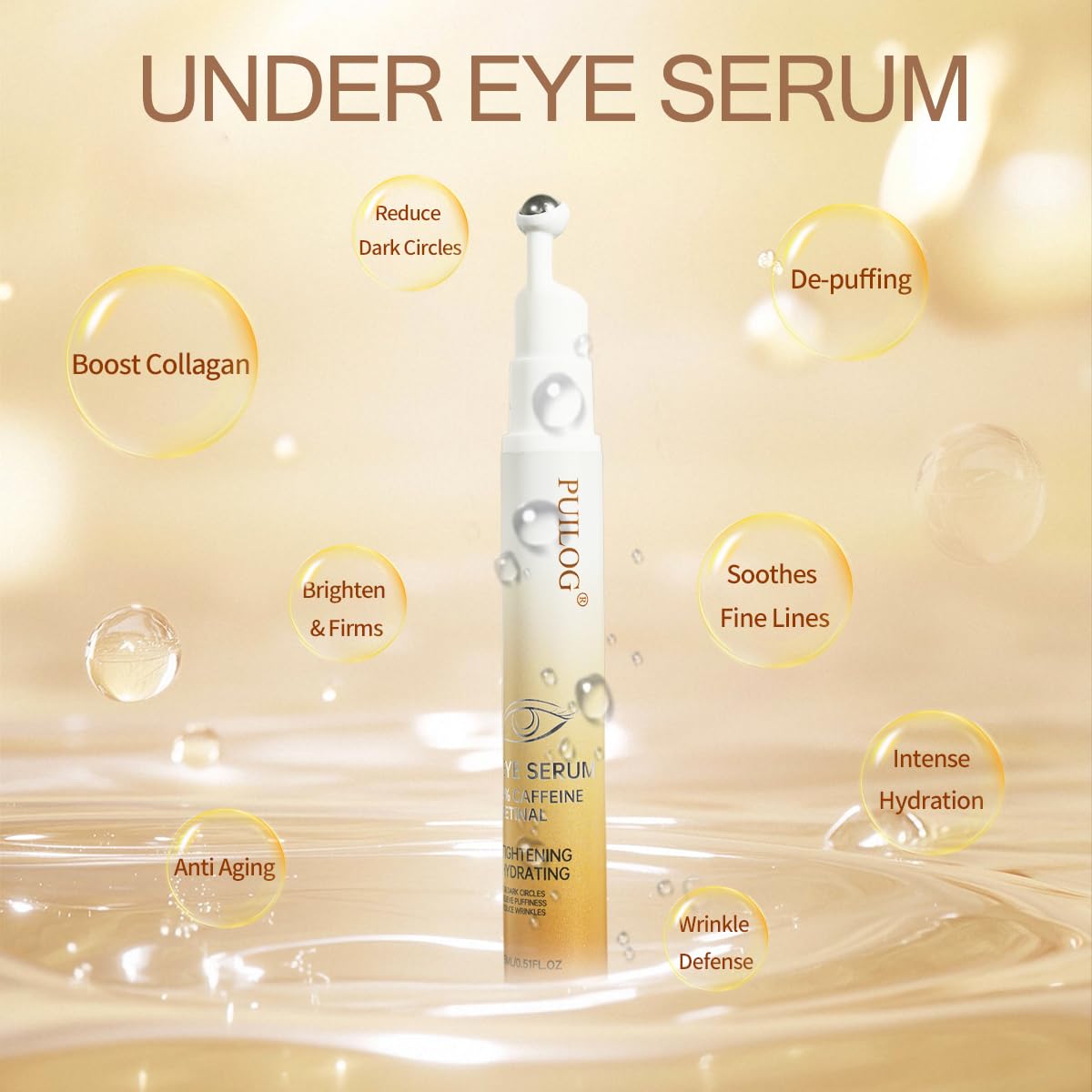 5% Caffeine Eye Serum Roller, Eye Cream for Dark Circles & Wrinkles - with Retinal Hyaluronic Acid, Instant Depuffing Eyelid Lift, 0.51 fl oz