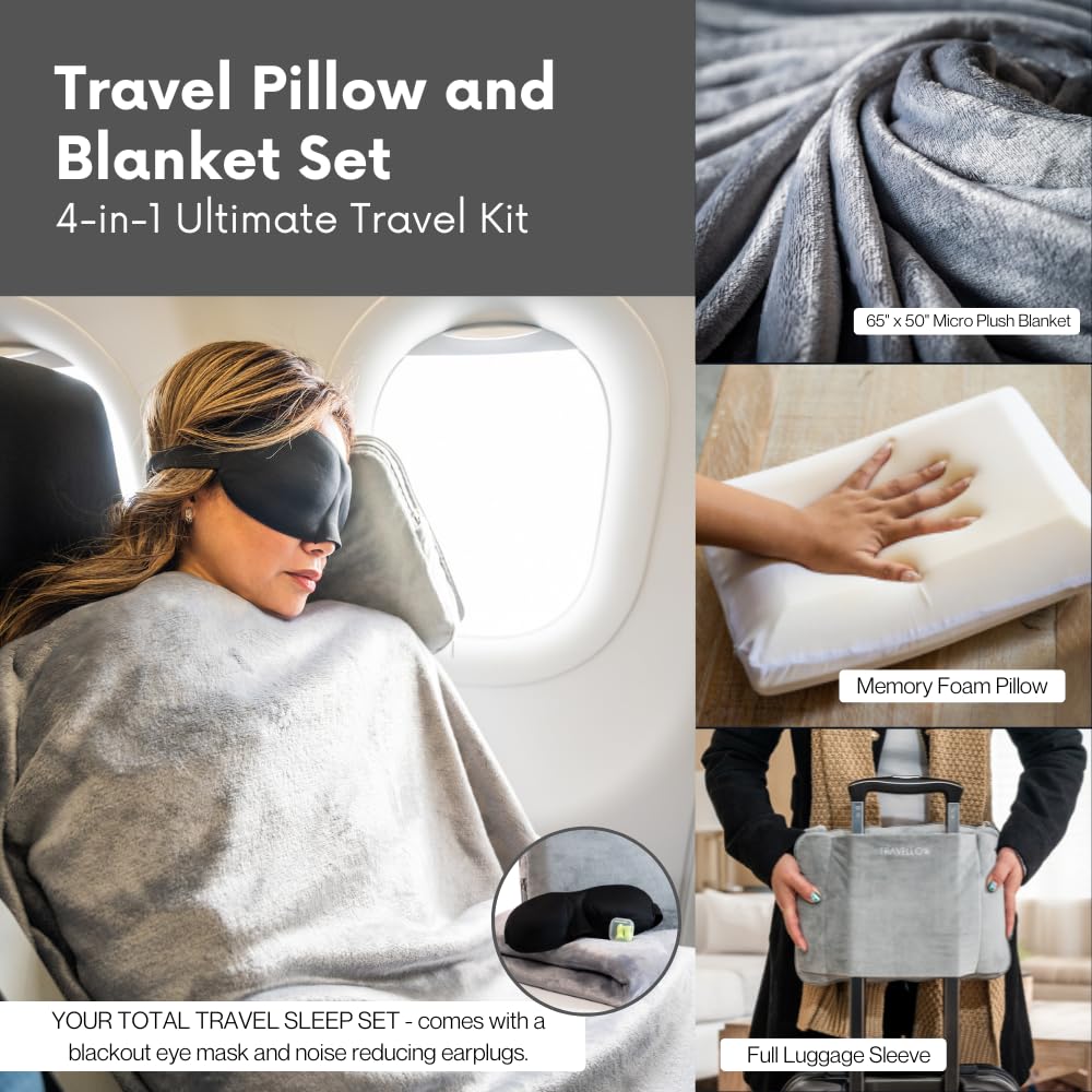 Travellow Travel Pillow and Blanket Set - 4-in-1 Ultimate Travel Kit with Memory Foam Pillow, Travel Blanket, Sleep Mask, and Earplugs-Ultimate Comfort and Coziness for Your Journeys - Pink