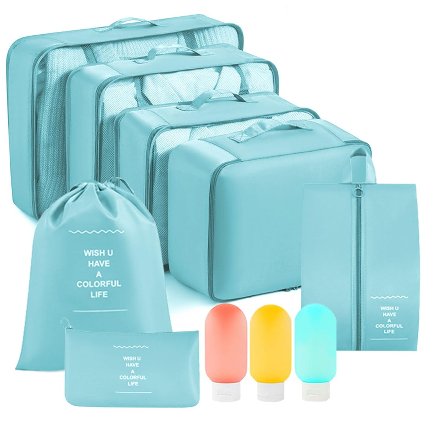 Packing Cubes - 10 Pieces Luggage Sets Waterproof Suitcase Organizer Mesh Packing Bags Clothes Shoes Cosmetics Toiletries Space Saver Storage Bags with Portable Bottles for Travel (Blue)