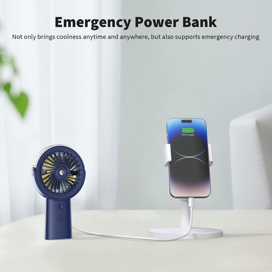 Otlonpe Rechargeable Handheld Portable Misting Fan, 4-15 Hrs Runtime, Small Personal Mist Portable Fan 4000mAh Battery Operated, Water Spray, 90° Rotatable, Power Bank, Hand Held Desk 2 IN 1 (Blue)