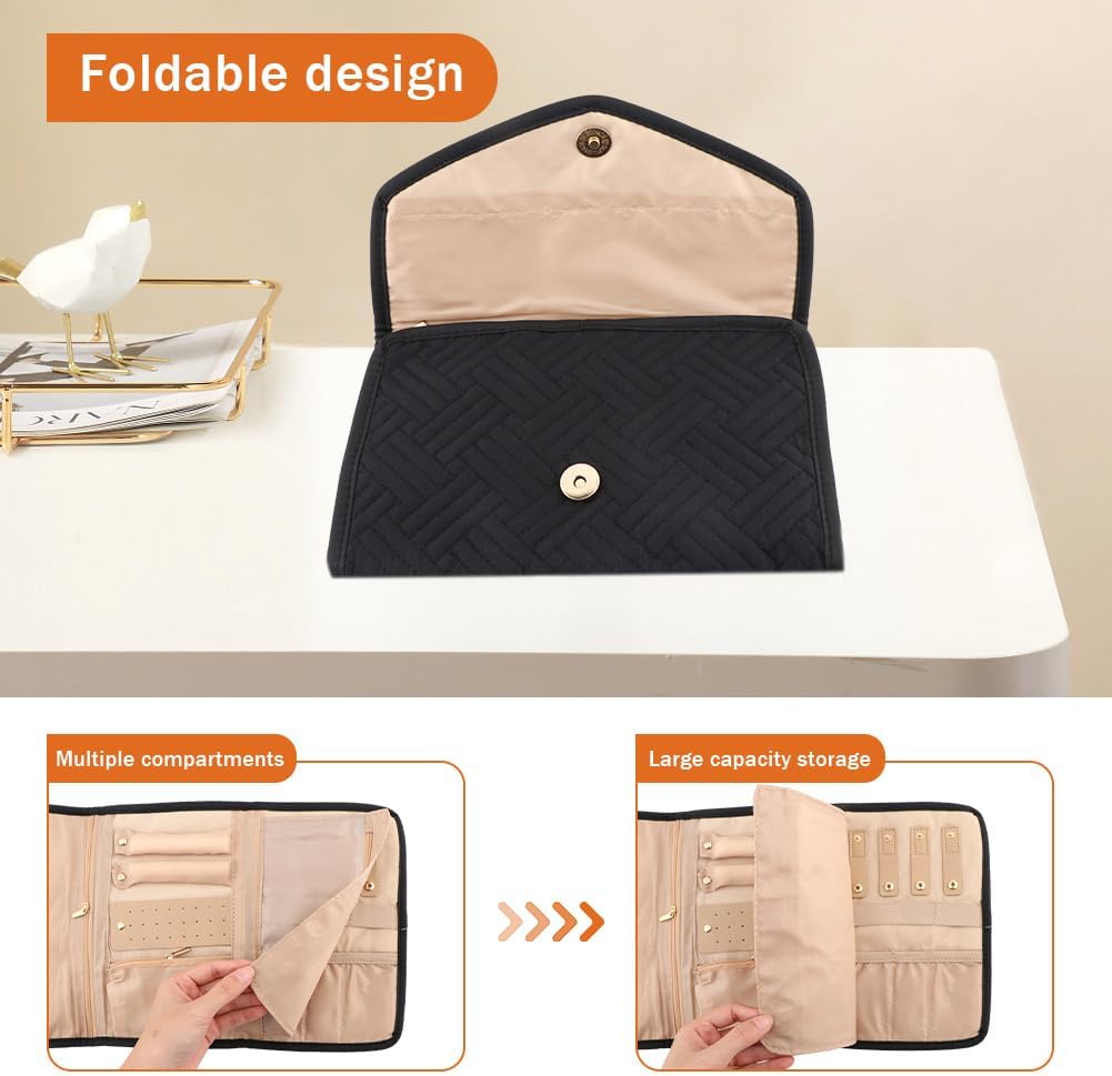 Parthan Travel Jewelry Organizer Case, Foldable Jewelry Storage Roll with 50 pcs Transparent Self Sealing Bag for Store Necklaces Earrings Bracelets Rings, Travel Essentials Girls Gifts(Black)