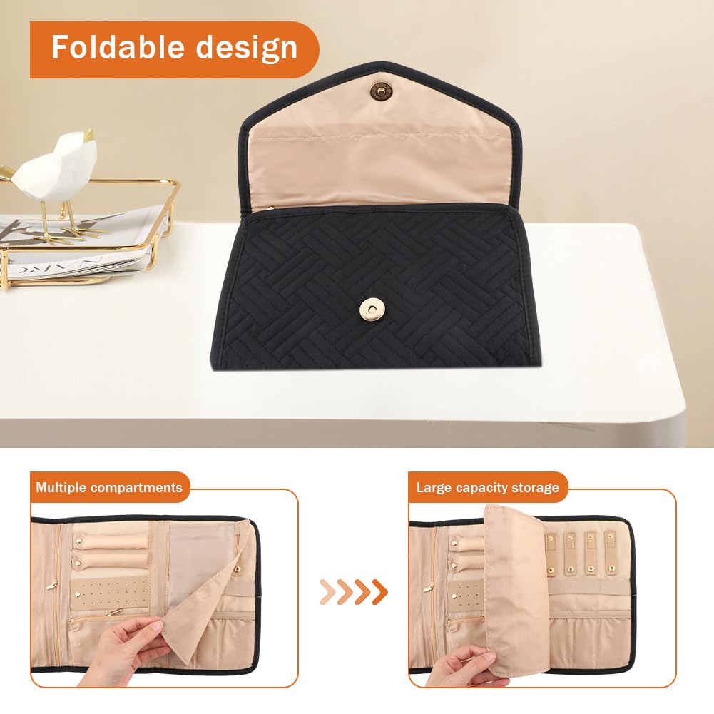 Parthan Travel Jewelry Organizer Case, Foldable Jewelry Storage Roll with 50 pcs Transparent Self Sealing Bag for Store Necklaces Earrings Bracelets Rings, Travel Essentials Girls Gifts(Black)