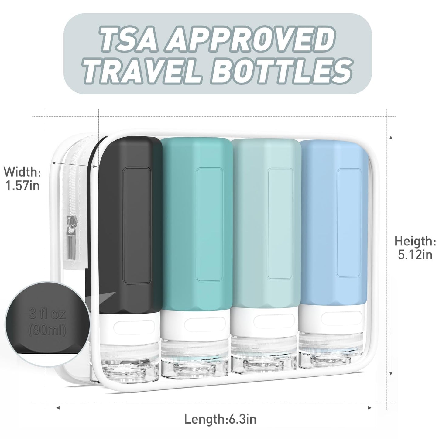 Redfly Travel Bottles for Toiletries, Tsa Approved 3oz Travel Size Containers, Leak Proof Silicone Squeezable Containers for Toiletries, BPA Free Refillable Essentials for Shampoo Conditioner Gray