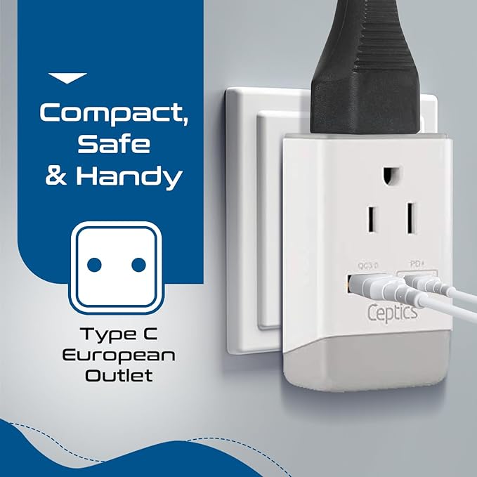 Ceptics European Plug Adapter, International Power Plug with USB & USB-C - 2 USA Socket, QC 3.0 & PD -Type C Outlet Adaptor Charger for Spain France Germany Greece Turkey Portugal, Fast Charging