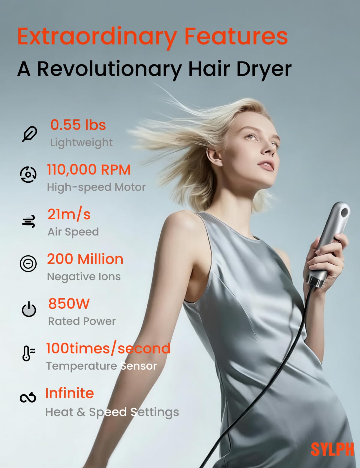 SYLPH Hair Dryer, 0.55 lbs Ultra Light & Portable for Travel, 110,000 RPM High-Speed Fast Drying, 200 Million Ions for Salon-Style, Powerful & Versatile Mini Hair Dryer for Home, Hotel, Gym, RV Use