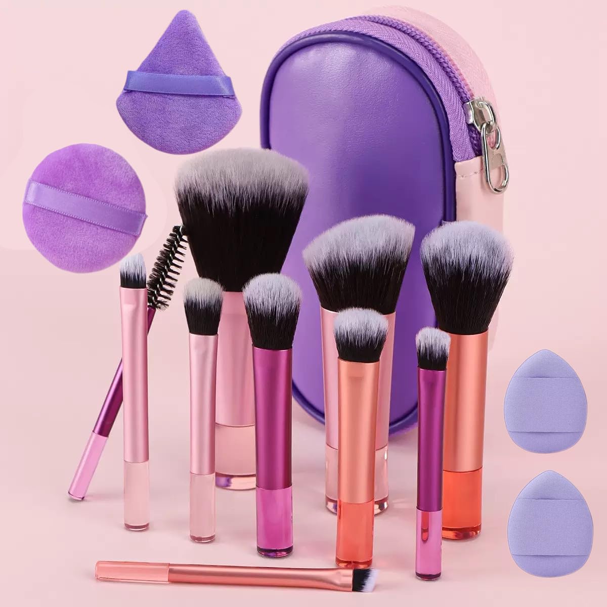 14PCS Portable ON THE GO Makeup Brush Set Mini Travel Makeup Brushes Set Easy-taken Mini Full Complete Function Cosmetic Brushes Kit with Brush Pouch (Colorful)