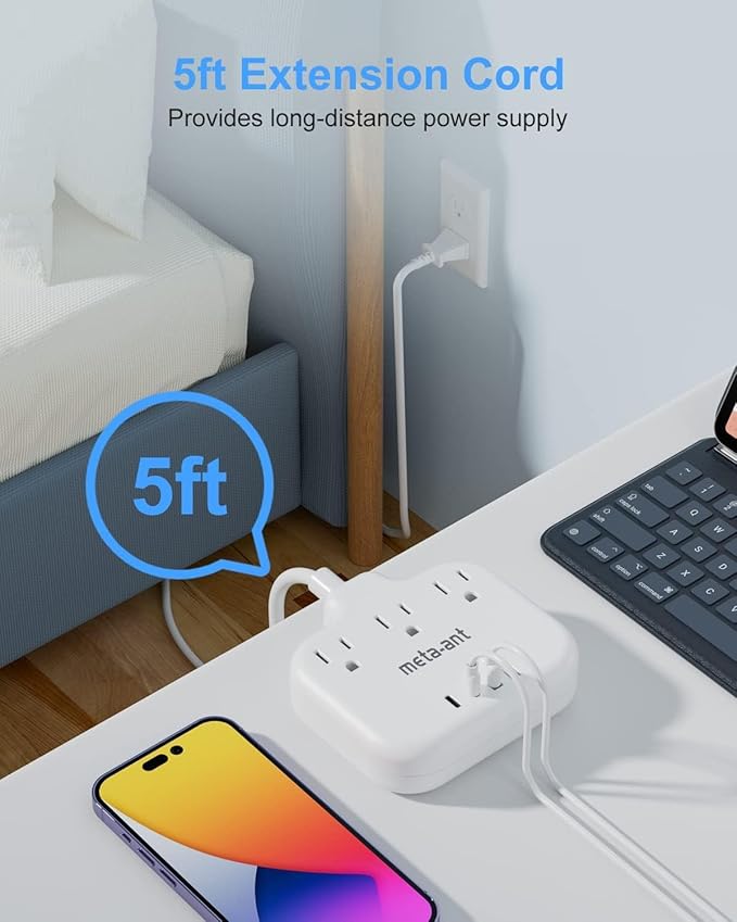 Brazil Power Adapter with 5FT Extension Cord, meta-ant US to Brazil Travel Plug with 3 American Outlets and 4 USB Charger Port(2 USB C), Type N Adaptor for USA to Brazilian Brazil, White