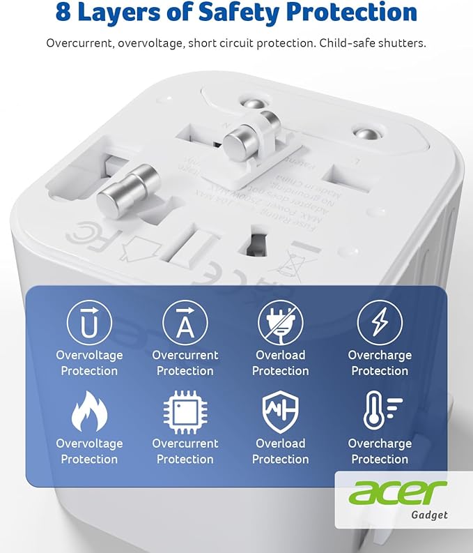 Acer US to Europe Plug Adapter, Universal Travel Adapter, International Power Adapter for USA to Europe UK France Germany Spain Ireland Australia (Type C/G/A/I),White