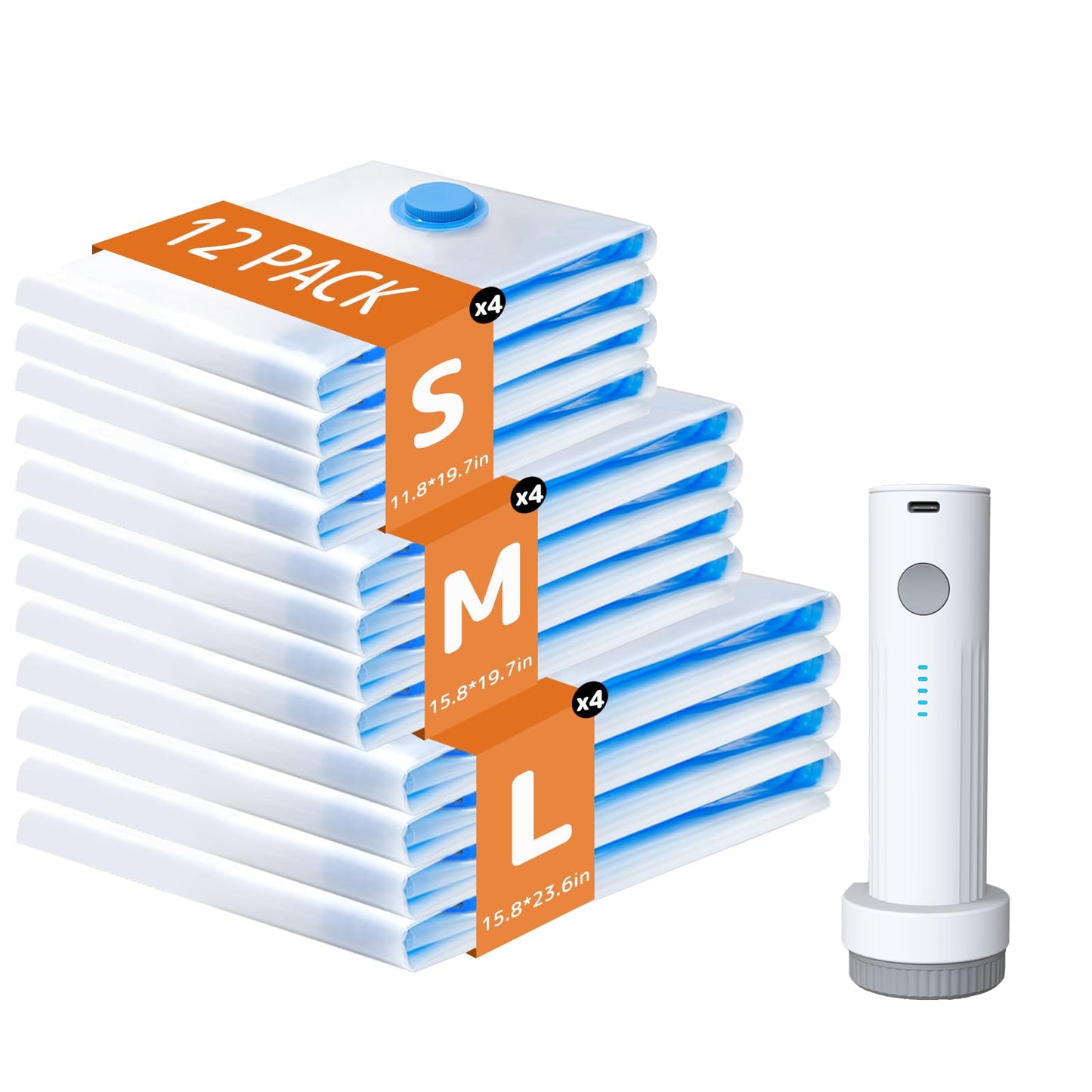 12 Pack Vacuum Bags for Travel with Rechargeable Air Pump, Carry-On Compression Bags for Luggage and Suitcase, Space Saver Storage for Clothing and Travel Organization