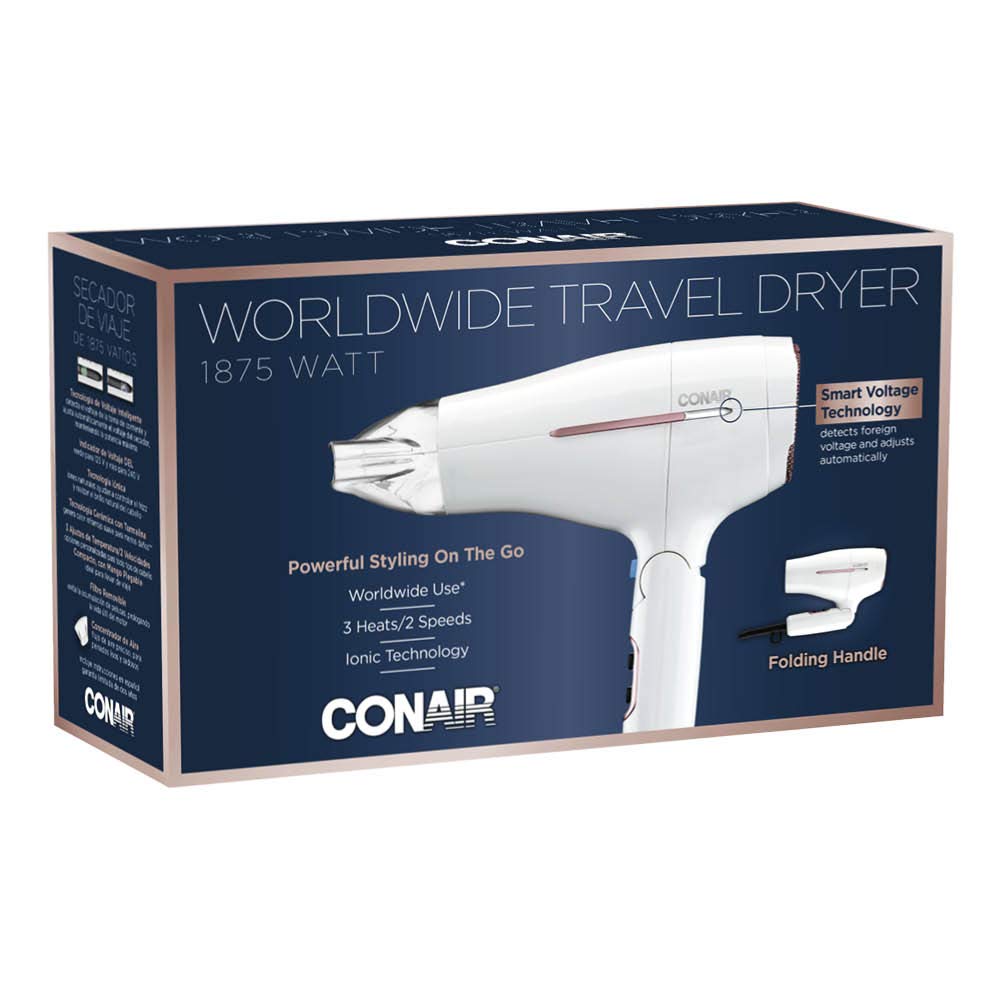 Conair Hair Dryer, Worldwide Travel Hair Dryer with Smart Voltage Technology and Folding Handle, Includes Concentrator
