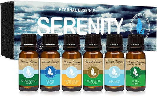 Eternal Essence Serenity Set of 6 Premium Fragrance Oils - Includes Ultra Green, Serene Oasis, Green Citrus Wood, Sea Salt, Appalachian Wind, and Fresh Citrus Aloe Leaf Scented Oils - 10ML