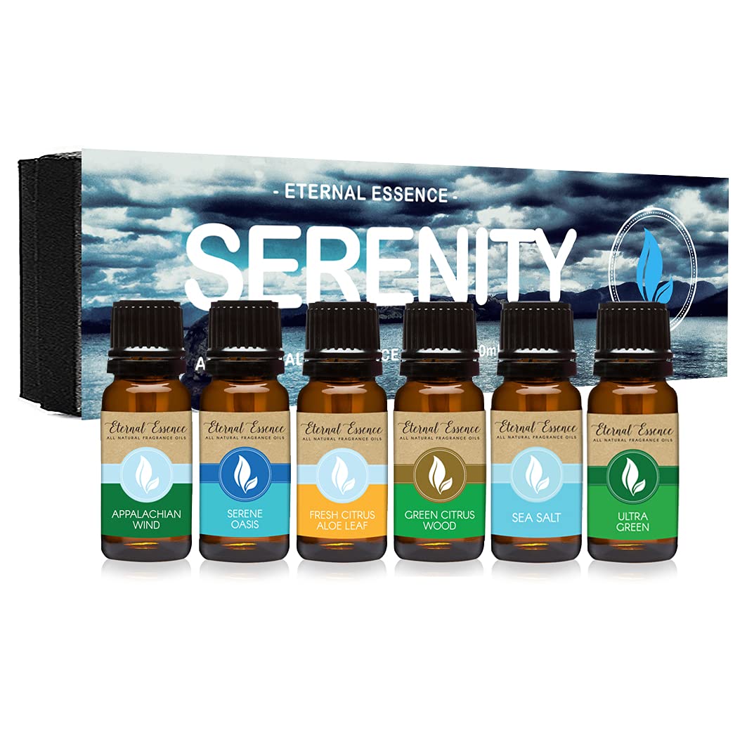 Eternal Essence Serenity Set of 6 Premium Fragrance Oils - Includes Ultra Green, Serene Oasis, Green Citrus Wood, Sea Salt, Appalachian Wind, and Fresh Citrus Aloe Leaf Scented Oils - 10ML