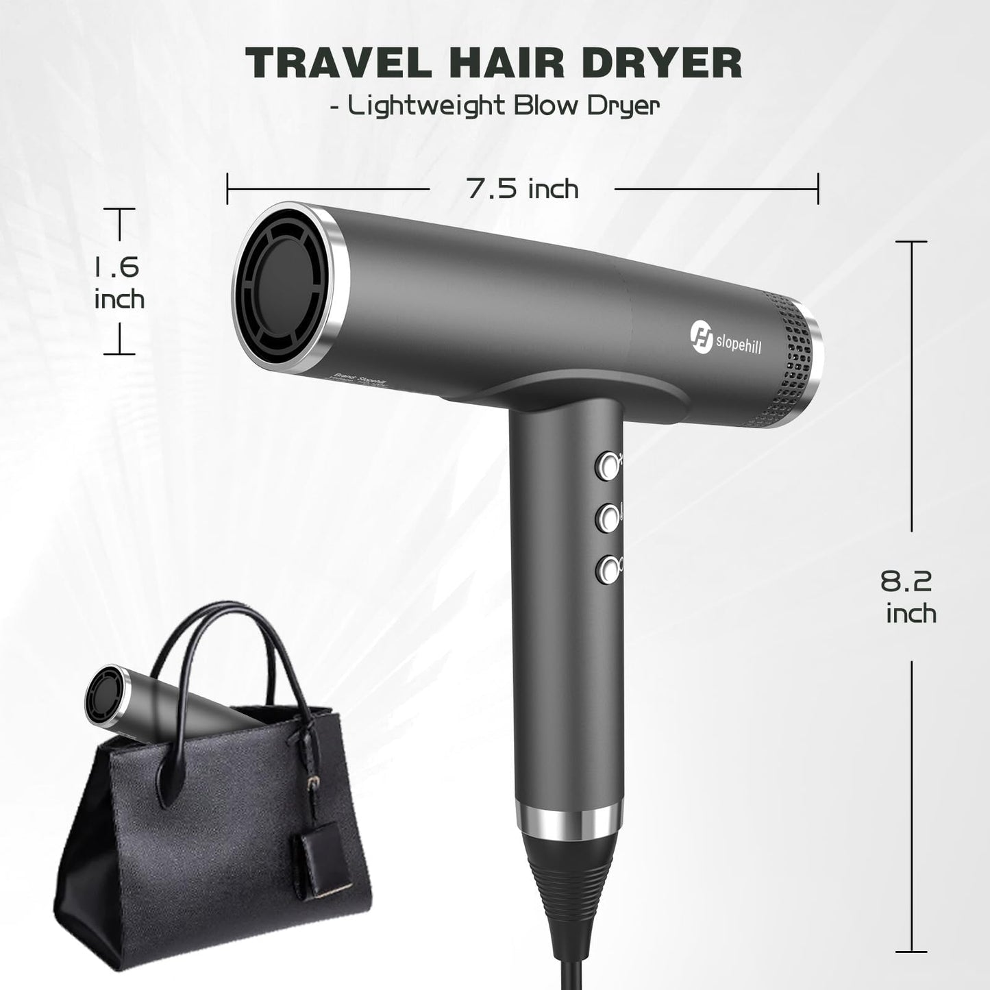 slopehill Professional Ionic Hair Dryer with Diffuser - Lightweight, Compact, Powerful & Fast Salon Blow Dryer with High Speed Brushless Motor for Travel, Women & Men (Ceramic, Black)