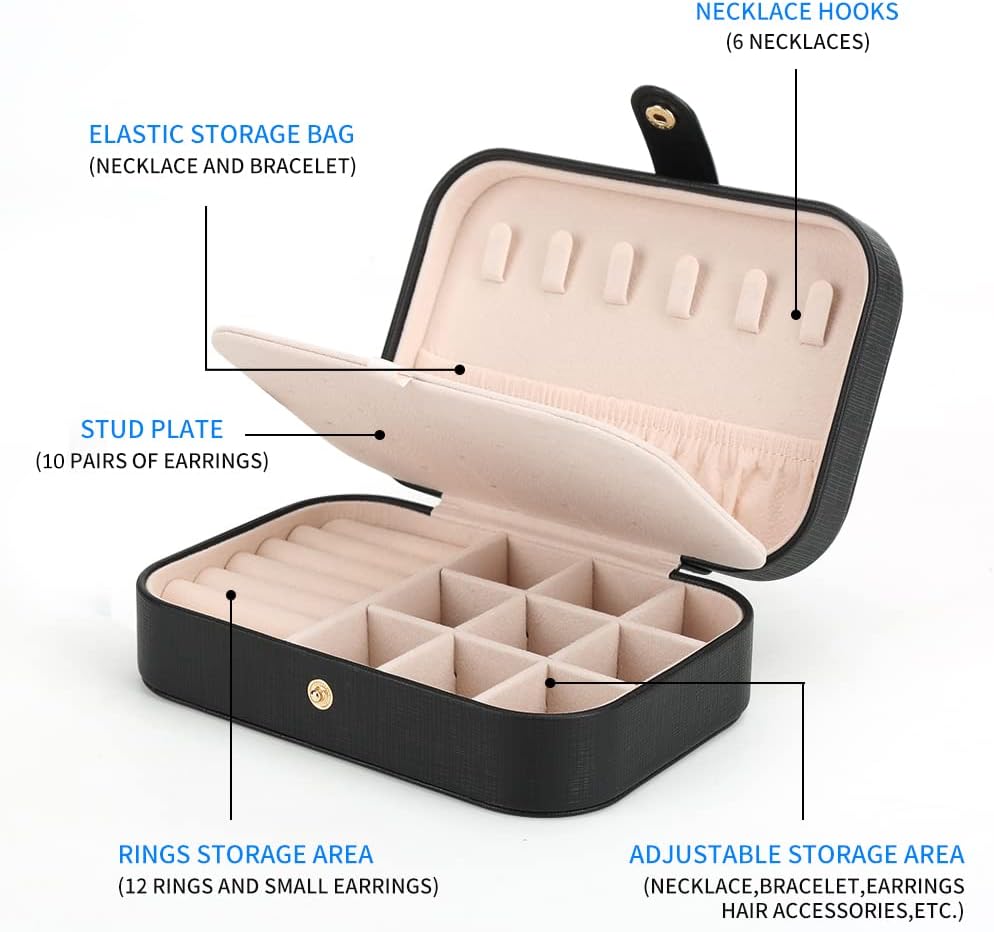 FEISCON Small Jewelry Box Necklace Ring Storage Organizer Mini Jewelry case Double Layer Travel Jewelry Organizer for Women Girls Gift/Black