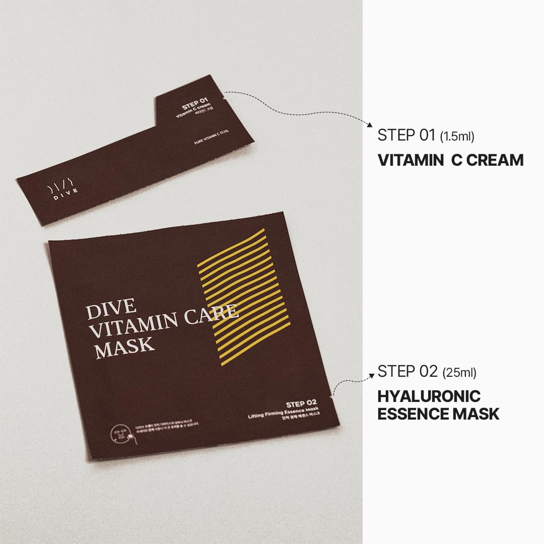 DIVE Korean Face Mask with (13.5% UK Vitamin C Cream) (10 Hyaluronic Acids) for Brightening, Moisturizer, Sheet Mask, Galvanic Facial Effect, Antioxidant Korean Skin Care