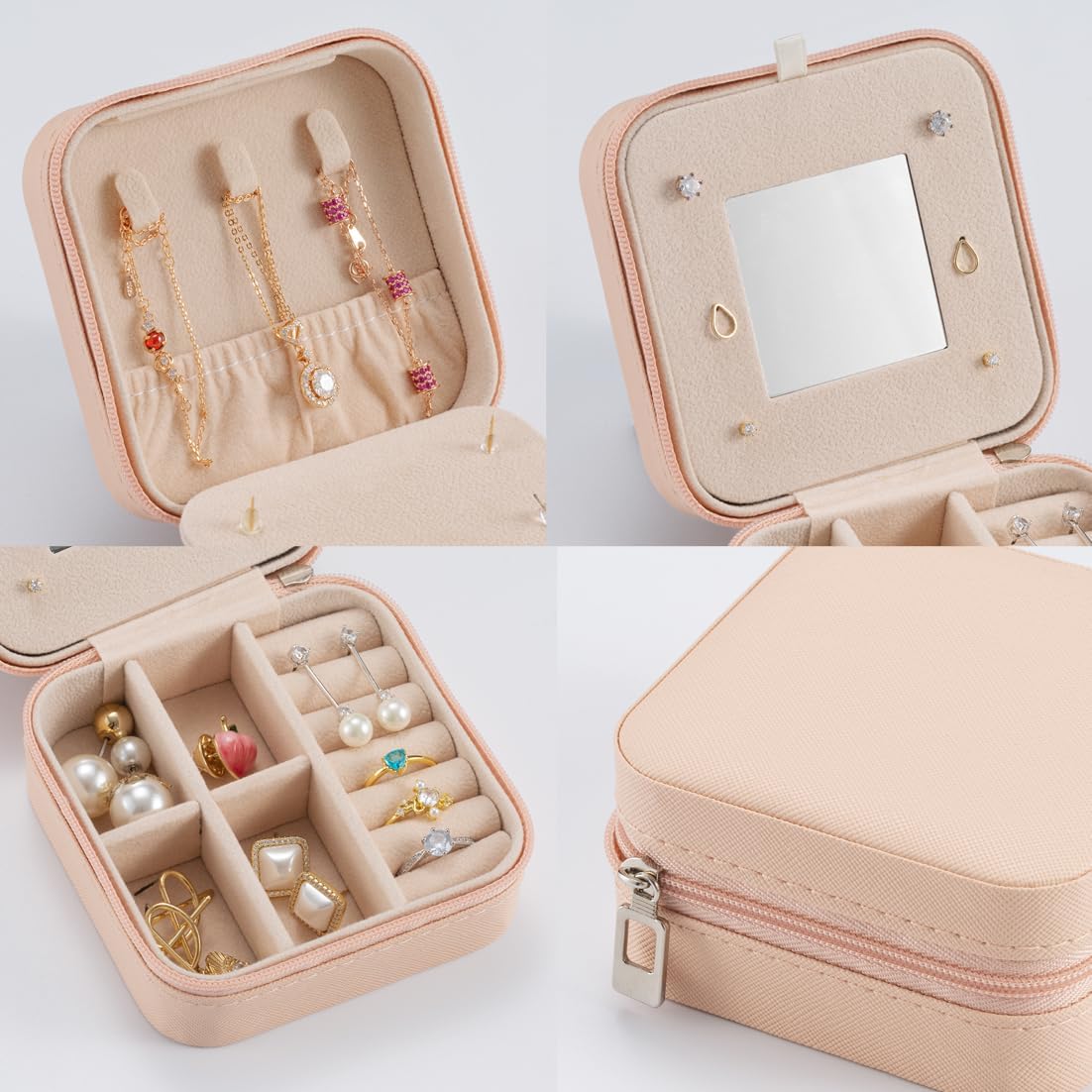 Small Travel Jewelry Case, To Go Portable Jewelry Box, Travel Jewelry Organizer,Portable Jewellery Storage Holder for Rings Earrings Necklace, Gifts for Girls Women with Mirror -Pink