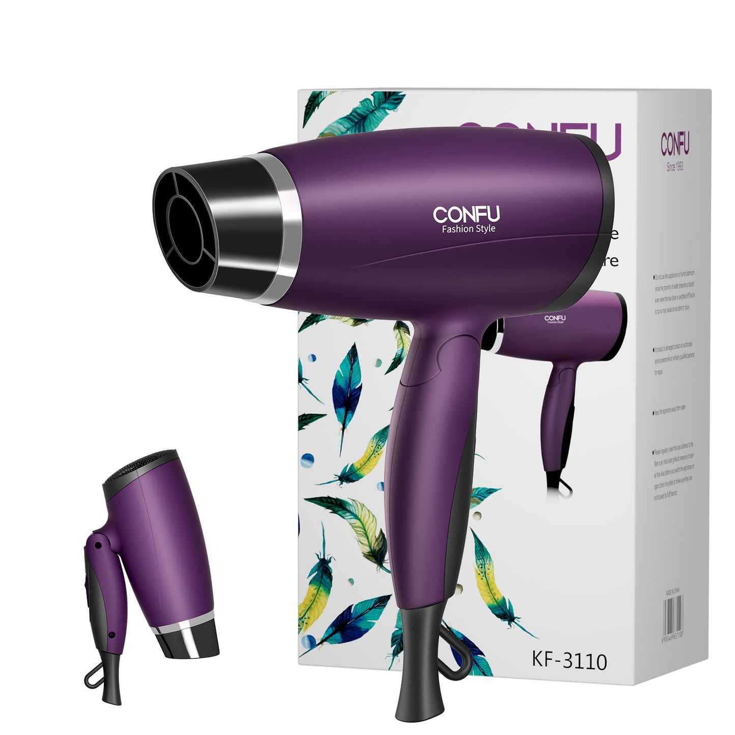CONFU 1600W Small Portable Travel Hair Dryer with Folding Handle, Lightweight Hair Dryers for Women, Ceramic Tourmaline Ionic Hair Dryers with Nozzle, Mini Blow Dryer, Purple