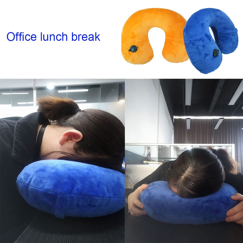 MXJZW 2Pack Inflatable Neck Pillows with Washable Crystal Velvet Cover Ultralight Travel Pillow for Airplane, Car, Office U-Shaped Ergonomic Support(Orange Red Royal Blue)