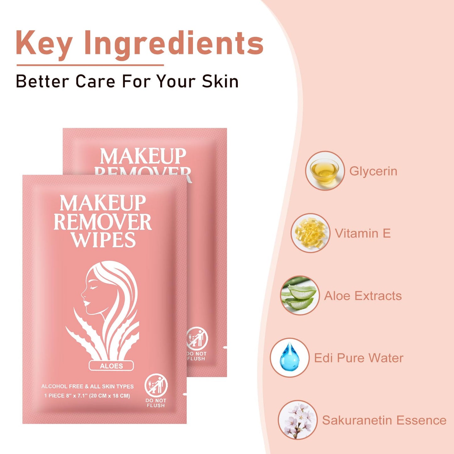 Makeup Remover Wipes Individually Wrapped Facial Cleansing Towelettes Bulk, Disposable Cleanser Makeup Removal Cloths Pads for Oil Dirt Skin Care Removing Mascara Lipstick Travel Hotel Aloes (50 Pack)