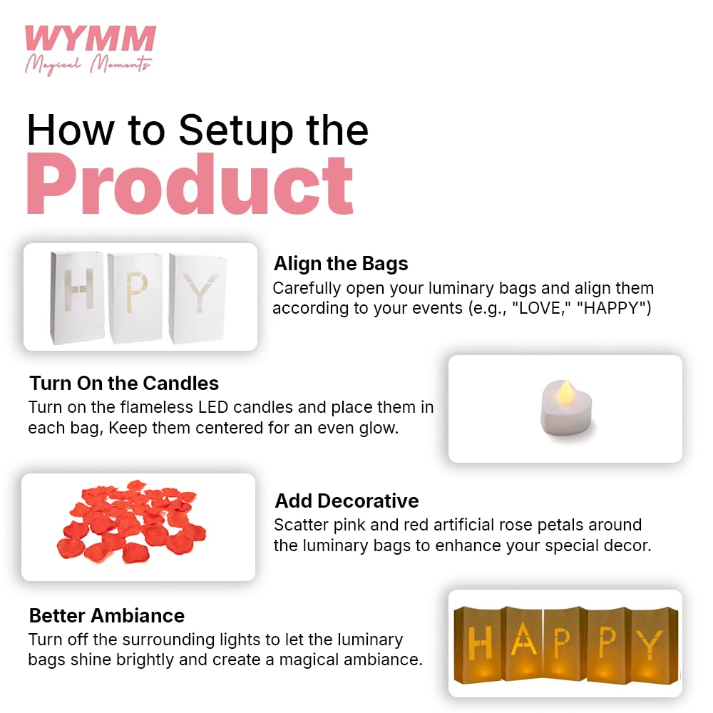 WYMM “MR & MRS” light up letters with Tealight Candles and Rose petals included. Luminary Paper Bags to be used as Wedding Decorations for Reception or as Newlywed Gift for the Honeymoon Suite