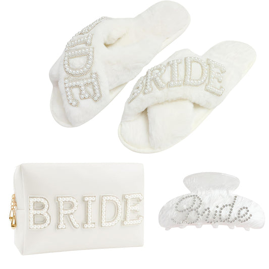Kovewon Bridal Shower Gifts, Bride to Be Letter Makeup Bag with Pearl Rhinestone Fuzzy Bride Slippers, Hair Clip Wedding Engagement Gifts for Her, Bachelorette gifts