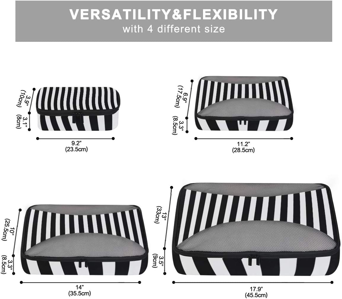 ALAZA 4 Set Packing Cubes for Travel Essentials Black White Stripes Suitcases Luggage Organizer Bags