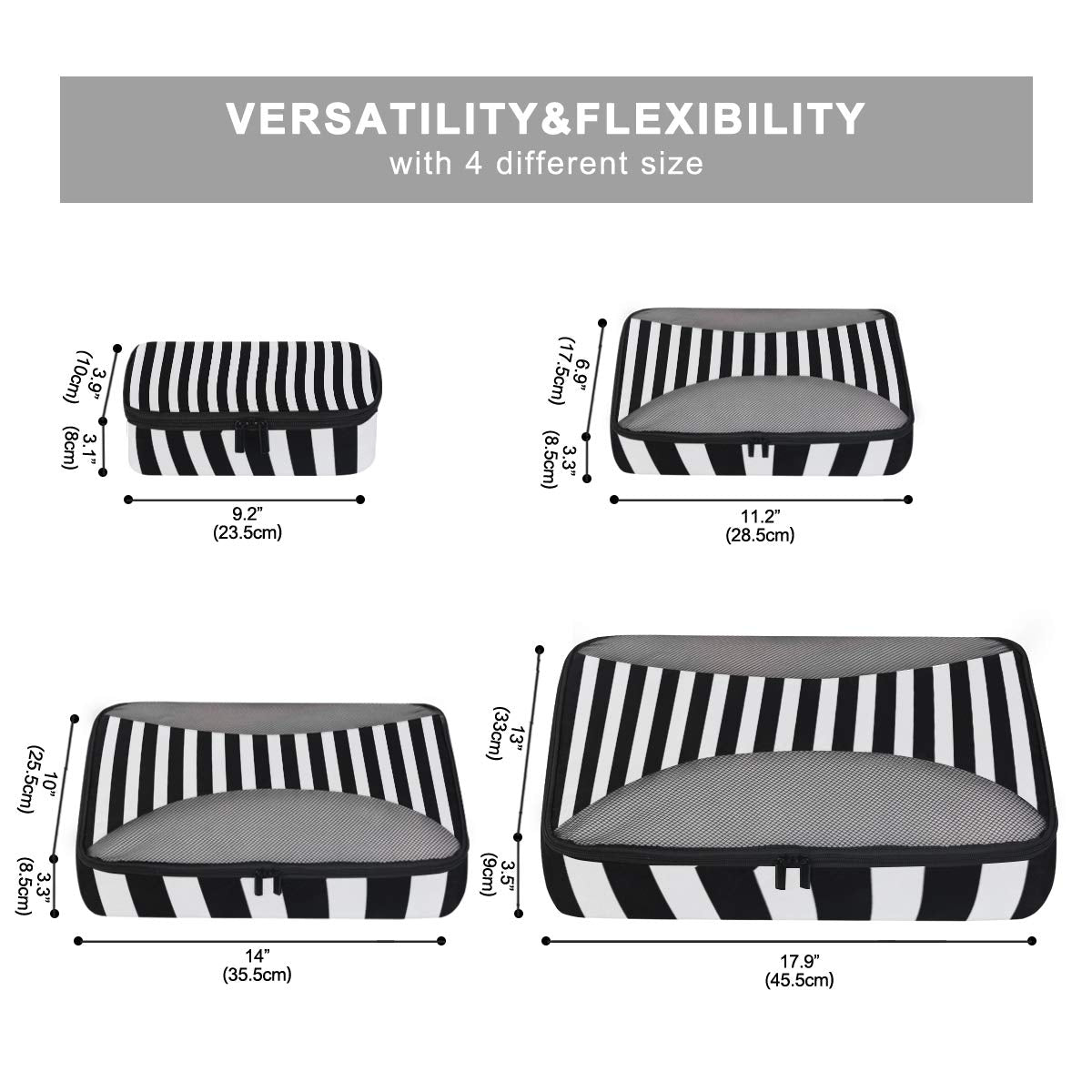 ALAZA 4 Set Packing Cubes for Travel Essentials Black White Stripes Suitcases Luggage Organizer Bags
