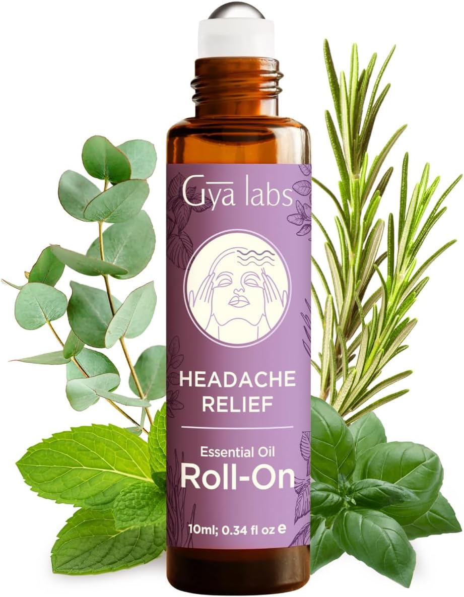 Gya Labs Headache Relief Essential Oil Roll on - 100% Pure Natural Oil Roller for Head Tension Comfort, Relaxation Gift for Women, Spearmint, Eucalyptus Blend Aromatherapy, Travel Size (0.34 Fl Oz)