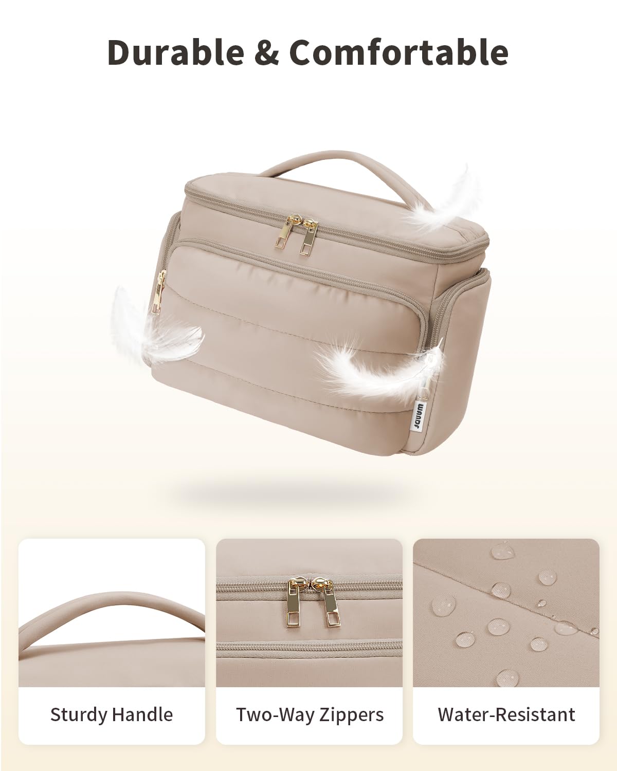 WANDF Travel Toiletry Bag for Women, Wide-open Large Makeup Bag with Handle, Puffy Makeup Organizer for Toiletries, Cosmetics, Accessories, Essentials (Light Khaki)