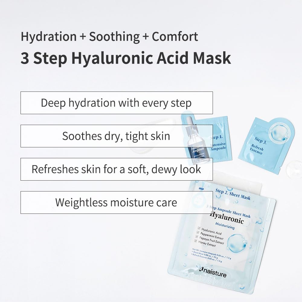 Naisture 3 Step Ampoule Hydrating Sheet Mask Set for Skin Elasticity, Smoothing, and Moisture. Korean Skincare Kit with Ampoule, Mask, and Essence (5 pcs) (Hyaluronic Acid)