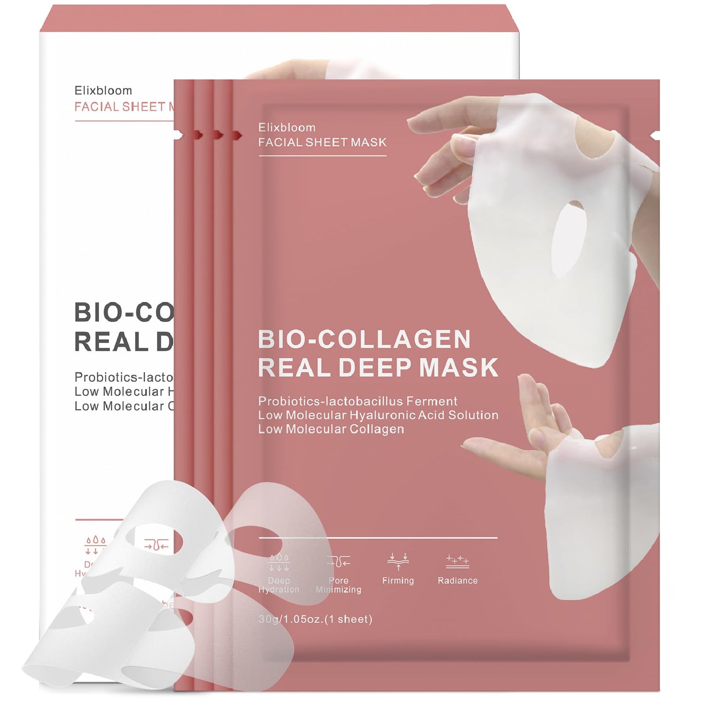 Elixbloom Bio-Collagen Face Mask, Real Deep Collagen Overnight Mask, Hydrating Collagen Face Mask, Facial Sheet Masks for Skincare, Pore Minimizing, Firming, Elasticity Improvement, and Moisturizing.