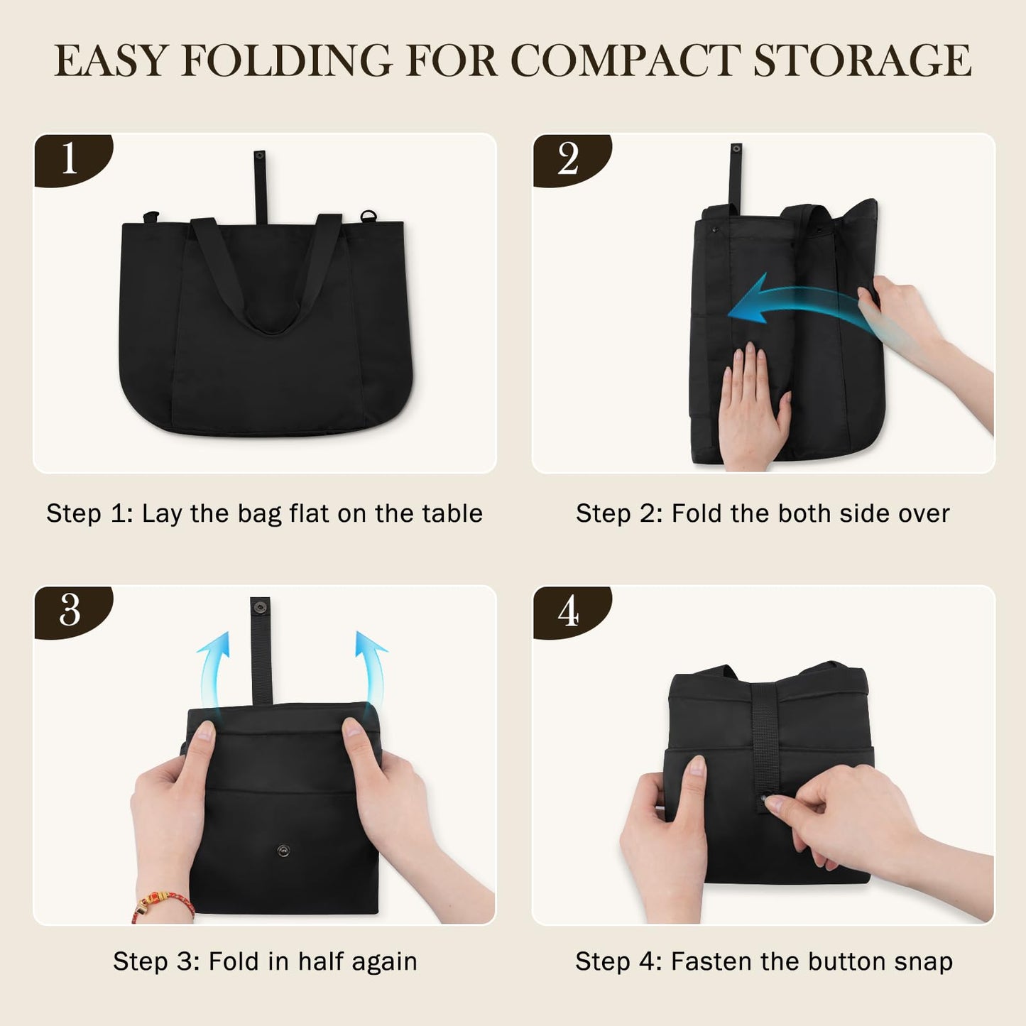 Vinabilia Tote Bag for Women, Lightweight Foldable Tote Bag With Zipper Shoulder Bag Large Top Handle Handbag for Travel, Work, Gym, Black