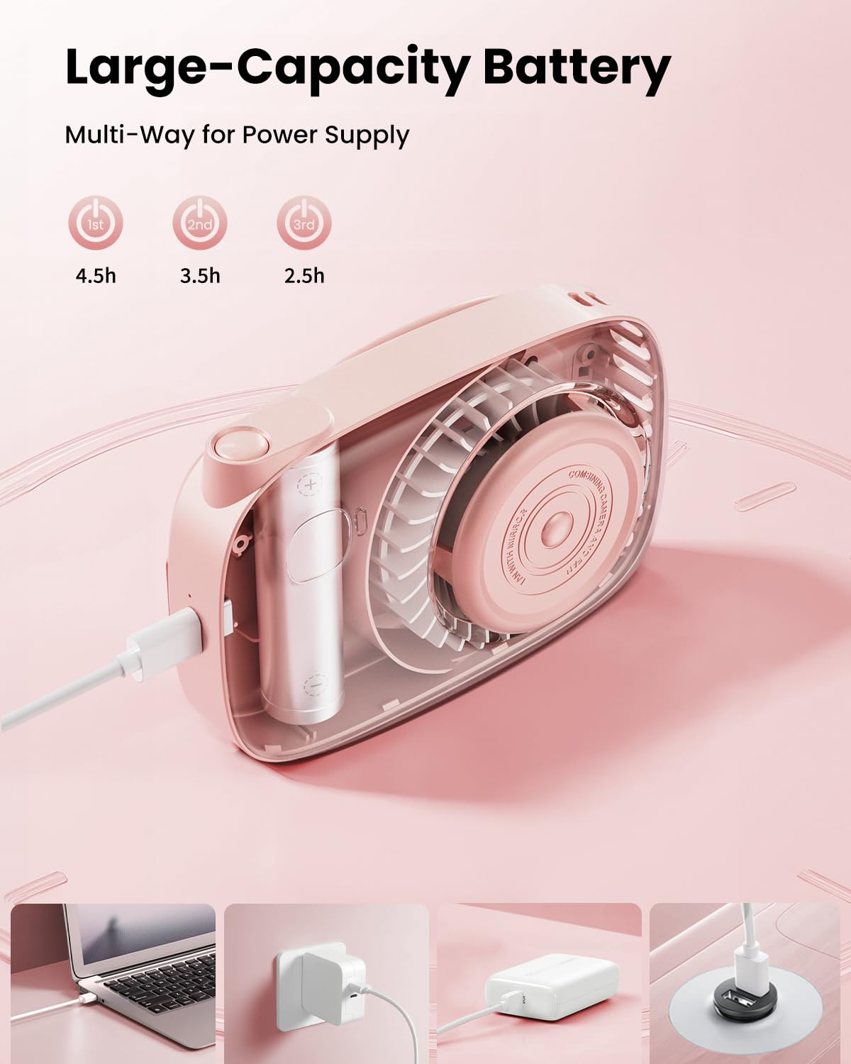 Gaiatop Mini Neck Fan, Rechargeable Handheld Desk Use, LED Power Display 3 Speed 360°Rotate Mirror for Lash Makeup, Cute Camera Design Small Portable USB Fans Personal Cooling Travel Essentials