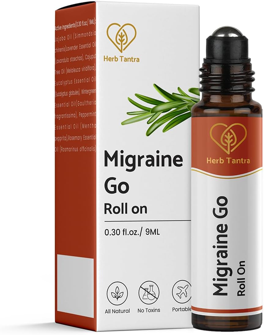 Herb Tantra Migraine Go Roll On | Headache Roll On Stick | Essential Oil Blend of Eucalyptus, Rosemary, Peppermint & Lavender | 100% Pure and Natural