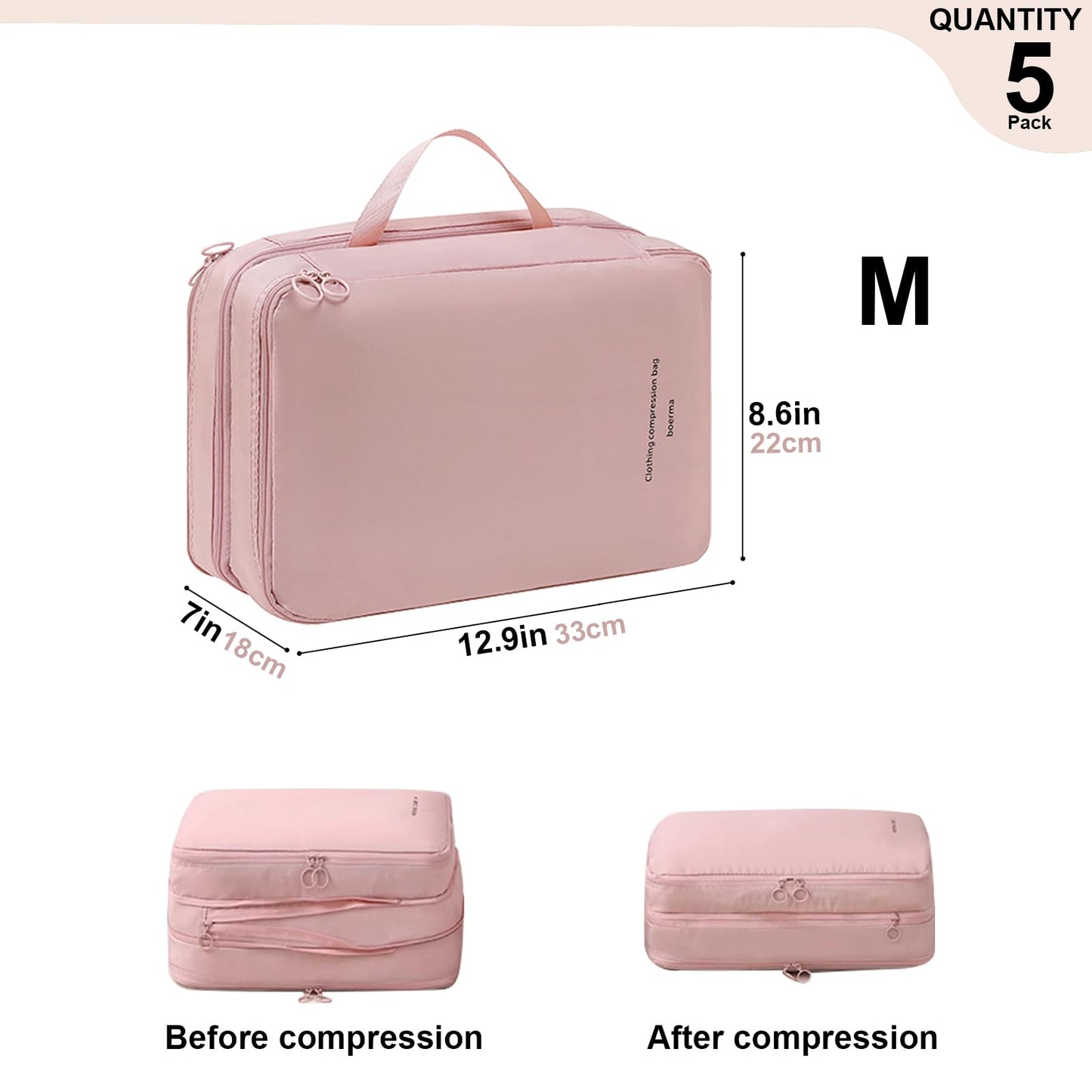 Double-Layered Compression Packing Cubes for Travel, Luggage Organizer Bags Compressible for Suitcase Packing Bag Travel Accessories, Pink, M